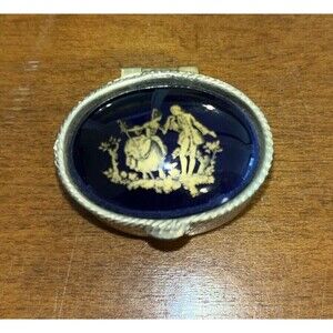 Vintage Stile Cobalt Blue Scene of Courting Pill Box Made in Italy